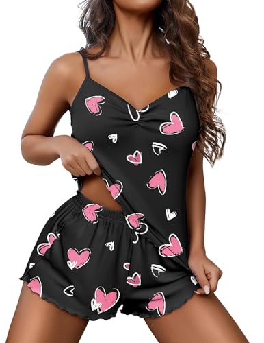 Image of Ekouaer Womens Cami Pajama Sets 2 Piece Ribbed Knit Lingerie Sleeveless Tank Top and Shorts Camisole Pjs Sleepwear