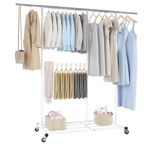REIBII ハンガーラック 頑丈 パイプハンガー 大容量 幅115-175cm 耐荷重135KG 洋服ラック 収納ラック 洋服掛け 夏物約75着 冬物約45着 おしゃれ 組立簡単 縦横伸縮 高さ調節可能 物干し 衣類収納 棚付き キャスター付き 省スペー