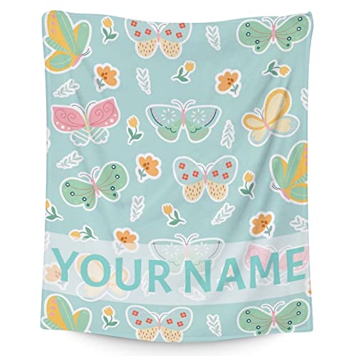 Personalized Butterfly Blanket Gifts with Name - 40"x50" Cute Throw for Women, Girls - Green Soft Fuzzy Blankets for Couch & Sofa