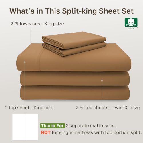 Image of California Design Den Split King Cotton Sheets Sets for Adjustable Bed - Luxury 600 Thread Count 100% Cotton Sateen, Deep Pockets, Soft & Durable Bedding - Honey Caramel