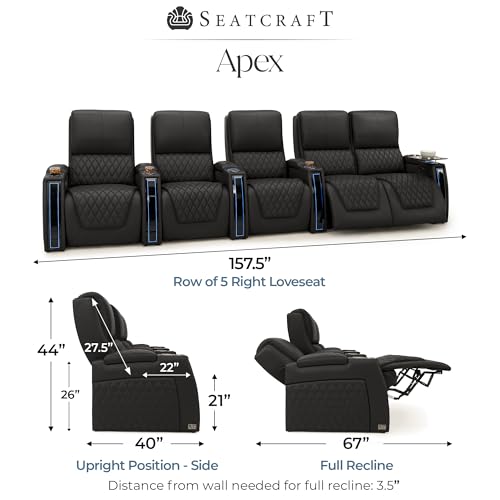 Image of Seatcraft Apex Black Italian Leather Home Theater Seating, Zero Gravity Power Recliner Chair, Powered Headrest and Lumbar Gaming and Lounge Sofa Furniture for Cinema Room, Row of 5 Right Loveseats