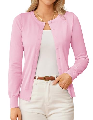 GRACE KARIN Knit Cardigan Sweaters for Women Long Sleeve Summer Cardigans for Women 2025 Crewneck Sweater Tops XXL Pink