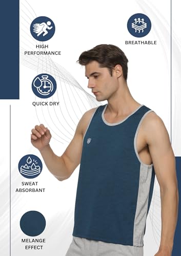 Image of DOMIN8 Men's Sleeveless Stretchable & Breathable Training Tank Tops | Muscle Tees I Melange Effect Fabric I Contrast Piping Vest | Moisture Wicking Top for Men | Activewear for Gym, Running