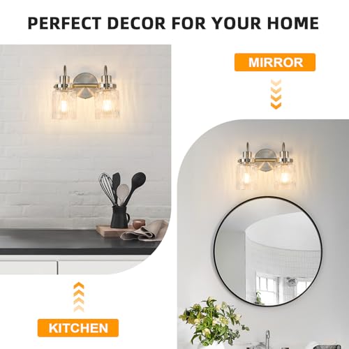 Image of 2 Lights Hammered Glass Bathroom Vanity Light,Brushed Nickel | Easy Installation,Up or Down,Farmhouse Modern Style,E26 Socket,ETL Certification