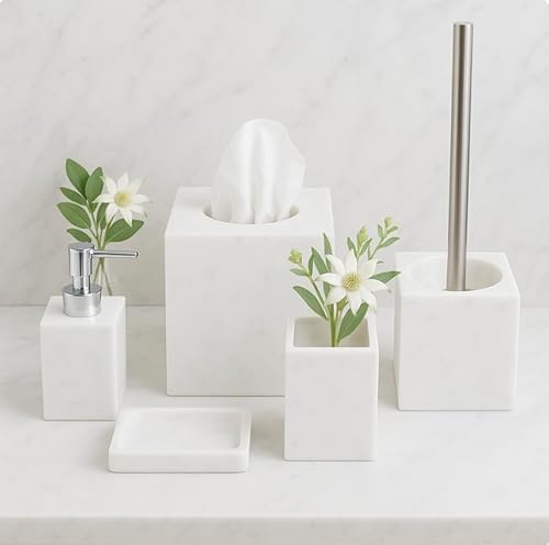 Kurrajong Farmhouse 5 Piece Bathroom Accessories Set Complete | Faux Marble and White Bathroom Accessory Set | Tissue Box, Toilet Brush, Soap Dish, Soap Dispenser, Toothbrush Holder - Image 6