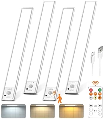 Under Cabinet Lighting with Remote Control,2500mAh USB Rechargeable Motion Sensor Light Indoor,350 Lumen LED Closet Lights,3 Color Temps Wireless Under Counter Lights for Kitchen,Pantry, Stair, 4 Pack