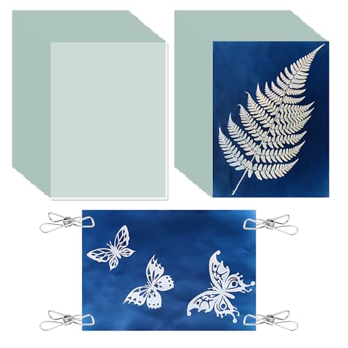 A5 Papier Cyanotype, 32 Pièces Papier D'impression Solaire avec Outil en Plastique et Pince Pa pier Art Solaire Haute Sensibilité pour Enfants Adultes Artisanat Projet de Bricolage