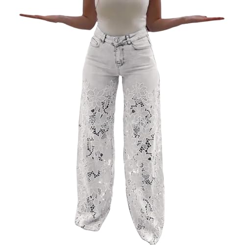 Pantalon en jean pour femme - Jambes larges - Pantalon en denim avec dentelle - Patchwork Baggy Y2K - Taille haute - Pantalon palazzo sexy - Pantalon stretch élégant -...