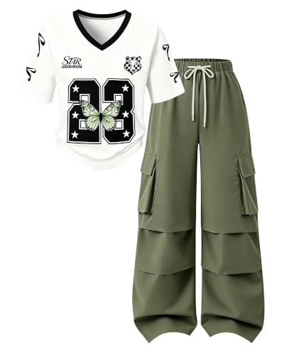 Image of Betusline Girls 2 Piece Summer Outfits,Kids Casual Short Sleeve Crop Top & Cargo Jogger Pants Sets,4T-14Y