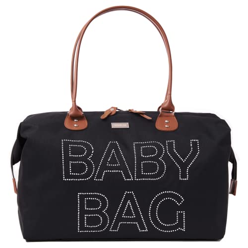 Image of SOMUN Baby Diaper Bag Tote For Mom With Rhinestone Embellishment, Hospital Bag For Labor And Delivery, Large Capacity Mommy Bag Gift For Baby Shower (Black)