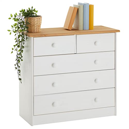 IDIMEX Commode de Chambre Rondo Meuble de Rangement avec 5 tiroirs, en pin Massif lasuré Blanc et Brun