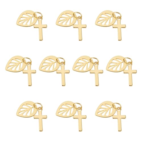 Image of 10Pcs 18K Gold Plated Cross Charms Brass Golden Crucifix with Leaf Pendants Permant Metal Jewelry Charms with Jump Ring for DIY Bracelet Necklace Earring Jewelry Making