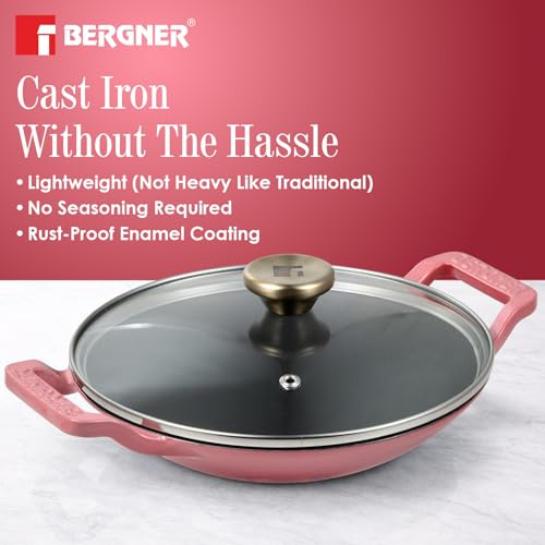 Image of BERGNER Excalibur Lightweight Cast Iron Appachetty with Lid 22cm (1L), Non-Stick Coating, PFAS Free, Perfect Heat Distribution, Elegant Design, Silicone Grips - Induction and Gas Stove Ready (Pink)