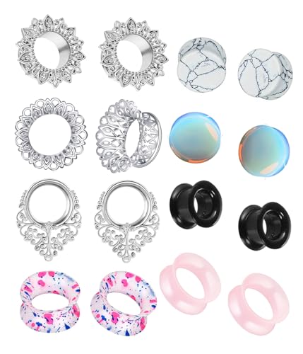 TIANCI FBYJS 8 Pairs Stainless steel Ear Tunnels Earrings Silicone Gauges Plugs For Ear Brass Hollow Plugs and Tunnels Glass Piercings Stretcher Kit 2g 00g 5/8