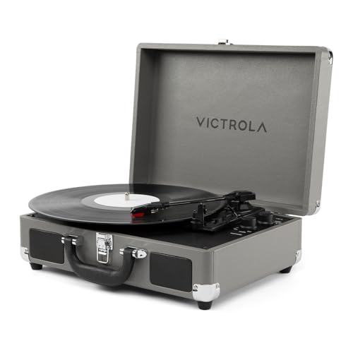 Image of Victrola Journey II - Bluetooth Suitcase Record Player - Gray | Built-in stereo speakers, 3-speed turntable plays 7 inch, 10 inch and 12 inch records, Bluetooth in and out, headphone jack