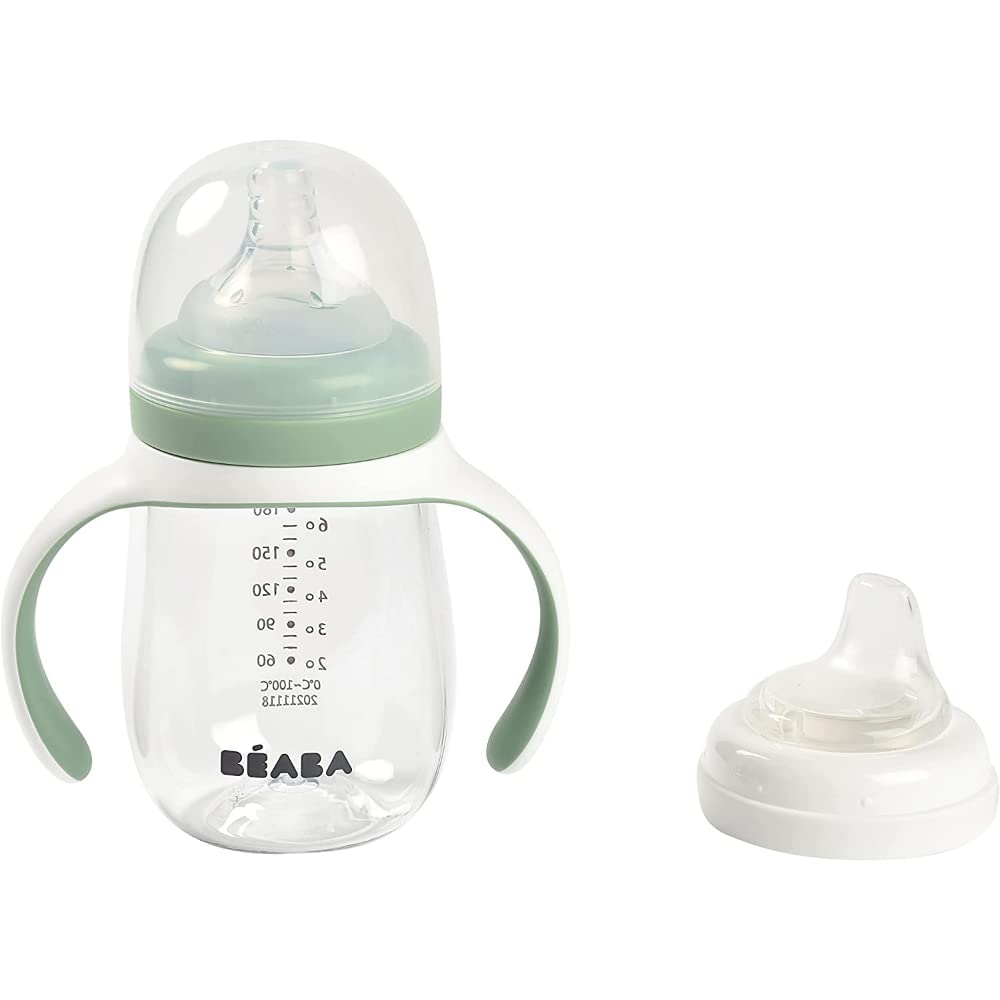 BÉABA, Biberon/Tasse d'apprentissage 2 en 1, Tasse Paille Enfant, 100% étanche, Anti-fuite, Facile à Ouvrir, Poignées amovibles, Tritan et Silicone, 210 ml, Vert sauge