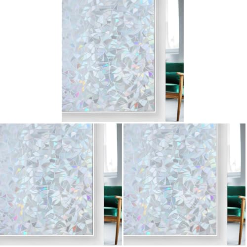 Image of rabbitgoo Window Privacy Film Rainbow Film Decorative Window Sticker, 3D Static Stained Glass Cling Tint for Home Heat Control Non-Adhesive, Grayish Silver, 17.5 x 78.7 inches (Pack of 3)