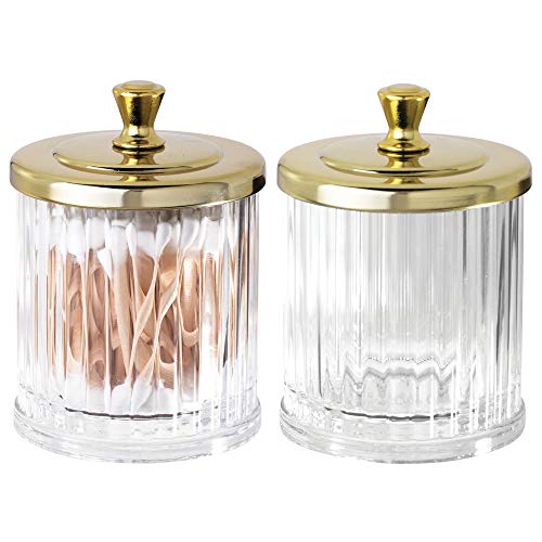 mDesign Fluted Bathroom Vanity Storage Organizer Canister Apothecary Jars for Cotton Swabs, Rounds, Balls, Makeup Sponges, Beauty Blenders, Bath Salts - Pack of 2, Clear/Soft Brass