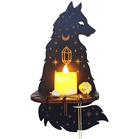 DRYFAL Wooden Fox Shelf for Crystals - Black Shelfs with LED Candle Rustic Boho Shelfs - Wooden Hanging Floating Shelves For Crystal Holder, Yoga, Collectibles, Spiritual Decor Cover