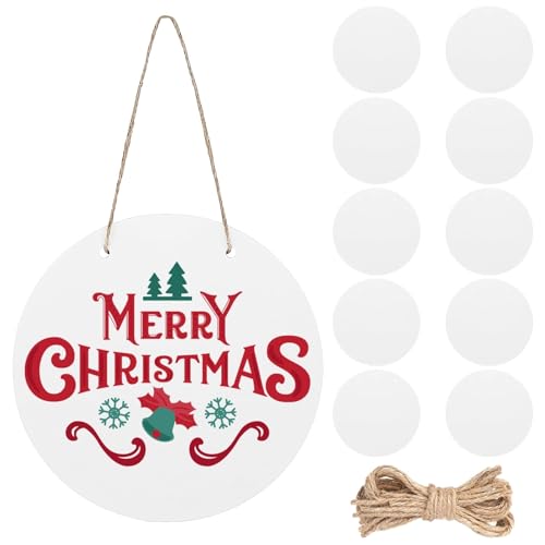 LUMINFLY 10 Pcs Heat Press MDF Round Door Hangers, Unfinished Blank Signs with Rope, Ideal for Xmas Tree and Porch Decoration