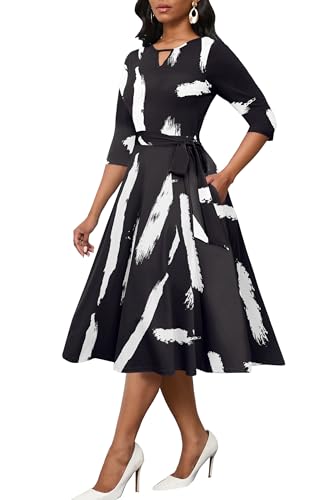 Image of CLOCOR Midi Dresses for Women Casual A-Line Fit and Flare Dress Crewneck 3 /4 Sleeve Keyhole Cocktail Party Church Dress