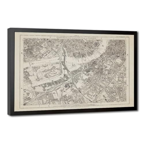 Toile ancienne carte de Londres 1877 avec cadre suspendu pour habiller un salon élégant