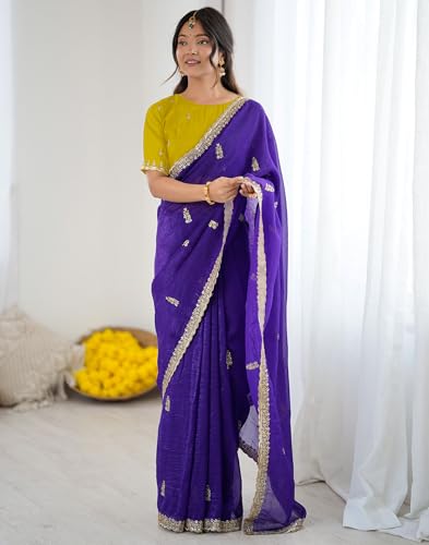 Image of SIRIL Women's Tissue Silk Scalloped Border Embroidery Saree with Unstitched Blouse Piece