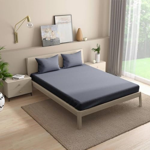 Image of Wakefit Wakefit 215TC 100% Cotton Solid King Size Bedsheet (104x104 Inches) / (2.64m*2.64m) with 2 Pillow Covers Free, Blue Granite
