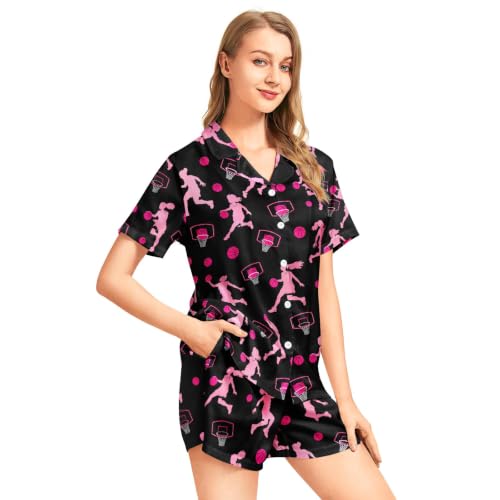Image of Funny Pajamas for Women Set Print Satin Loungewear Pjs Short Sleeve Button Down Top and Shorts Sets Sleepwear XS-3XL