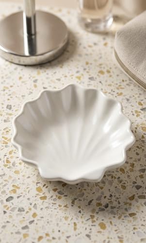 Image of TREETRUNK Handmade Concrete Sea Shell Trinket Tray | Jewellery /Makeup /Table Organizer l Home Decor l Candle Tray | Multipurpose (13.8x13.4x3.9cm) White