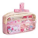 Kawaii Cute Clear Pencil Case with Free Stickers Pen Pouch Spacious Multiple Compartments (Pink)