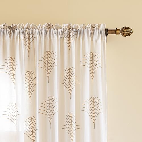 Image of HOMEMONDE Sheer Cotton Curtains 9 Feet Long Door - Luxury Gold Printed Single Piece Transparent Curtain, Hang with Rod Pocket Light Filtering Drapes - 108 Inches
