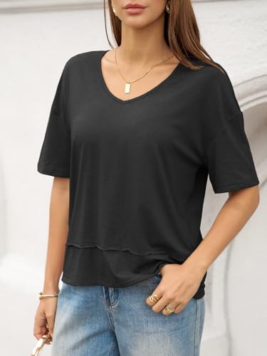 Image of UNCLECAT Womens V Neck T Shirts Summer Trendy Loose Fit Casual Tops Tees