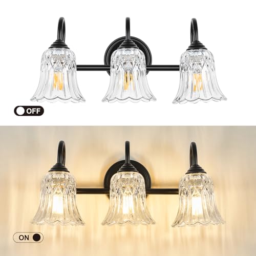 Image of Vintage Bathroom Vanity Light Fixtures, 3-Light Black Vanity Lighting Fixture with Flower Glass Shade, 18.9 Inch Bathroom Lighting Fixtures Over Mirror, Living Room, Dressing Table