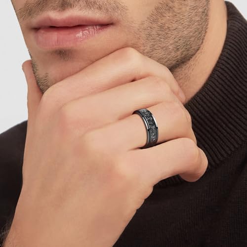 8mm Tungsten Mens Wedding Band, Black Spinner Fidget Rings Meteorite Inlaid, Anxiety Released Spinner Ring for Men Engagement Anniversary Comfort Fit Size 7-123