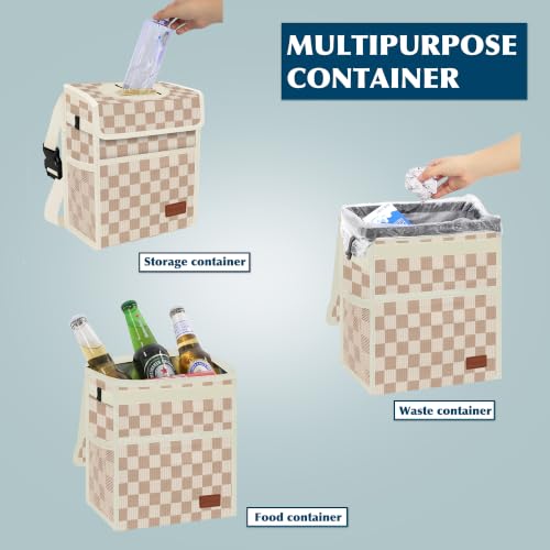 Image of Femuar Leak Proof Car Trash Can with Lid, Collapsible Hanging Waterproof Car Trash Bag with Mesh Pocket for SUV Front Seat Headrest, Beige Brown Plaid