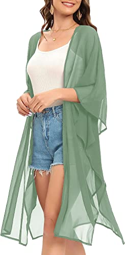 Image of Indian Trendy Women's Solid Puff Sleeve Kimono Long Cardigan Loose Cover Up Casual Blouse Top Chiffon