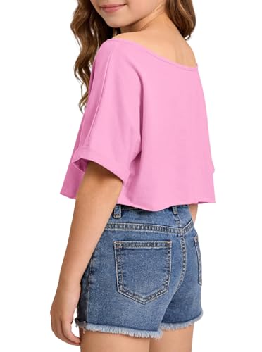 Image of Girls Off the Shoulder Tops Crop Short Sleeve Tees | Rolled Cuffs, Loose Fit, Crop Tops, Dance, Summer, Oversized, Trendy