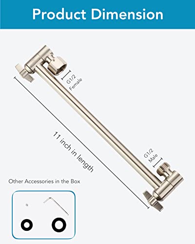 11 Inch Brushed Nickel Adjustable Shower Head Extension Arm With Locking Set Screw, Singing Rain Solid Brass Angle Height Adjustable, Easy To Install, G1/2 Universal Connector Compatible #TOP3