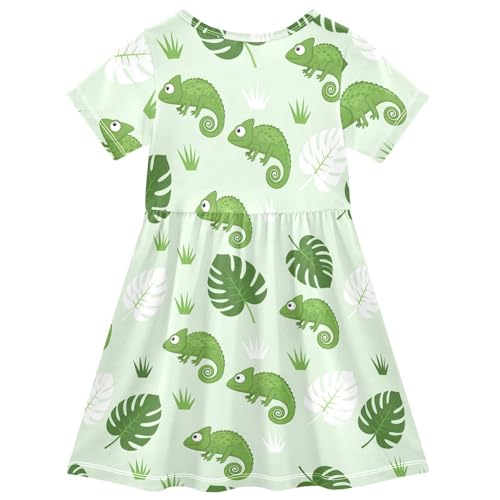 Green Leaf Chameleon Girls Summer Dress Toddler Girl Skater Dresses Short Sleeve Dress for Girls Cute,2T2