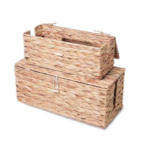 KWEEHAWTI Handwoven Water Hyacinth Cable Organizer Set, 2-Pack Eco-Friendly Cord Hider Box with Dual Openings & Lid - Hide Power Strips, Cords for Desk/Floor/Office