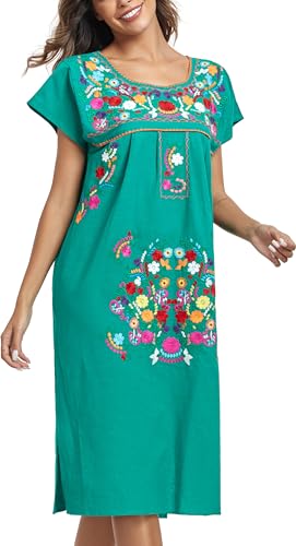 Image of YZXDORWJ Women Mexican Embroidered Long Dress Ruffle Collar Maxi Boho Floral Summer Short Sleeve