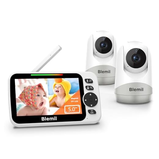 Blemil Baby Monitor, 5" Large Split-Screen Video Baby Monitor with 2 Cameras and Audio, Remote Pan/Tilt/Zoom, Two-Way Talk, Room Temperature Monitor, Auto Night Vision, Power Saving/Vox, Lullabies