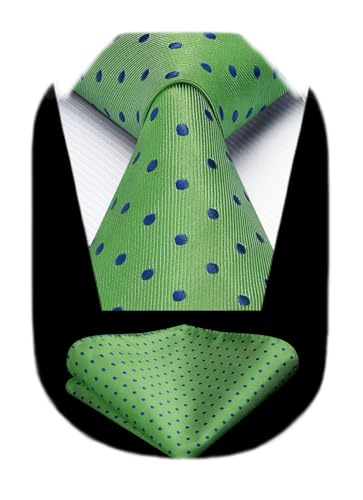 HISDERN Mens Green Tie and Pocket Square Classic Polka Dot Silk Ties for Men Formal Business Wedding Neckties Handkerchief Fashion Cool Suit Necktie