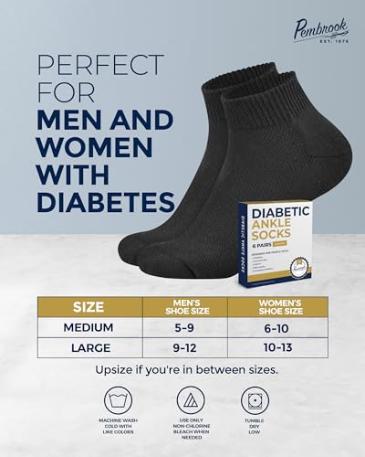 Pembrook Ankle Diabetic Socks for Women and Men - 6 Pairs | Low Cut Neuropathy Socks for Women | Smooth Toe Seams