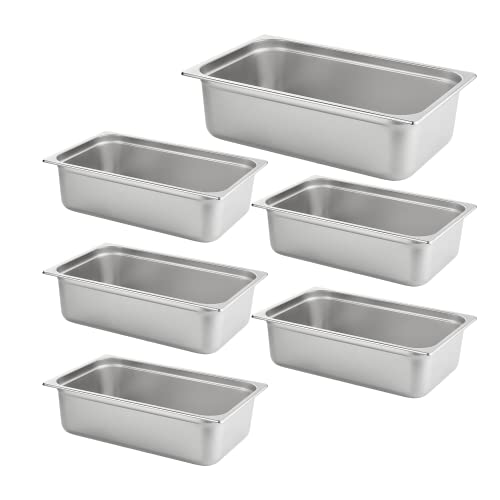 HECMAC 6 Pack Anti-Jam Hotel Pans, Full Size 6 Inch Deep, Commercial Stainless Steel Chafing Steam Table Pan, Catering Storage Metal Food Pan, 23 Gauge
