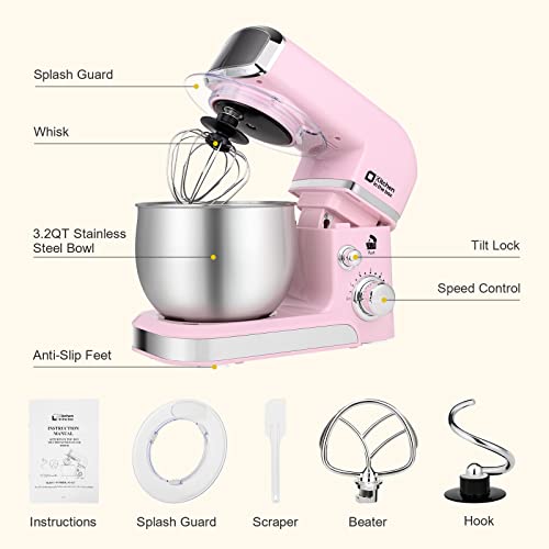Kitchen in the box Stand Mixer,3.2Qt Small Electric Food Mixer,6 Speeds Portable Lightweight Kitchen Mixer for Daily Use with Egg Whisk,Dough Hook,Flat Beater (Pink) by Kitchen in the box - Image 3