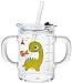 Tasse à Lait pour Enfants avec 2 Pailles et Couvercle, Tasse en Verre Transparent 250ml Tasse d'eau Mesurer Dessin Animé Impression avec Double Poignée Tasse de Apprentissage pour Filles et Garçons