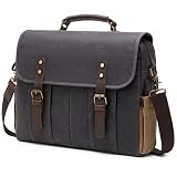 BOVIP 15.6 inches Vintage Mens Messenger Bag Water Resistant Genuine Leather Canvas Satchel Shoulder