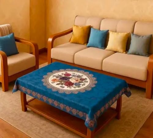 Image of Velvet Decorative Rectangular Table Cover with Traditional Design, Living Room Centre Table Cloth, Beige and Multicolour Size (36 * 56) (Blue Mandala t-c)